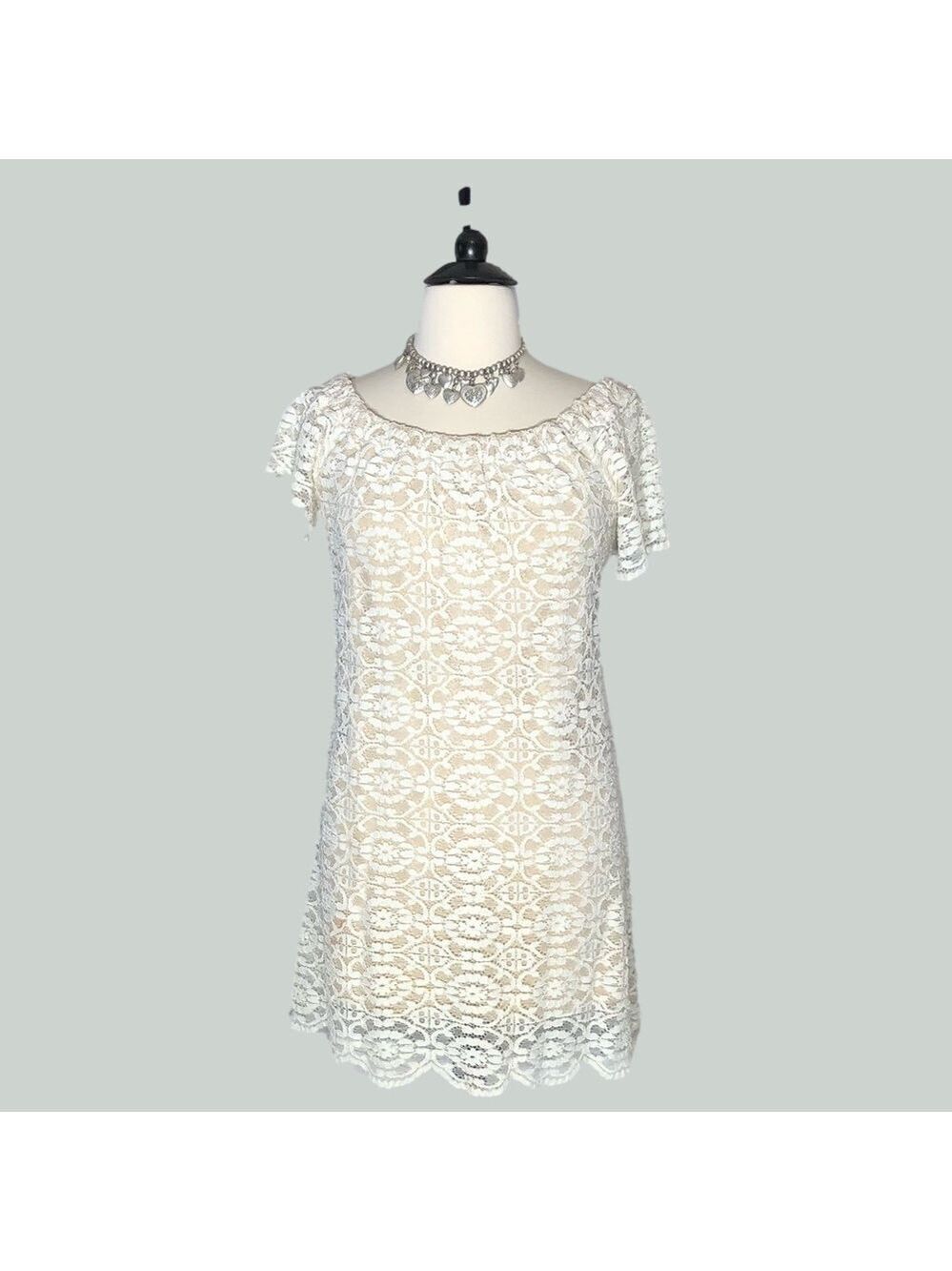 Vintage Y2K Midi Dress Cream Lace flared sleeves coquette romantic boho floral L
